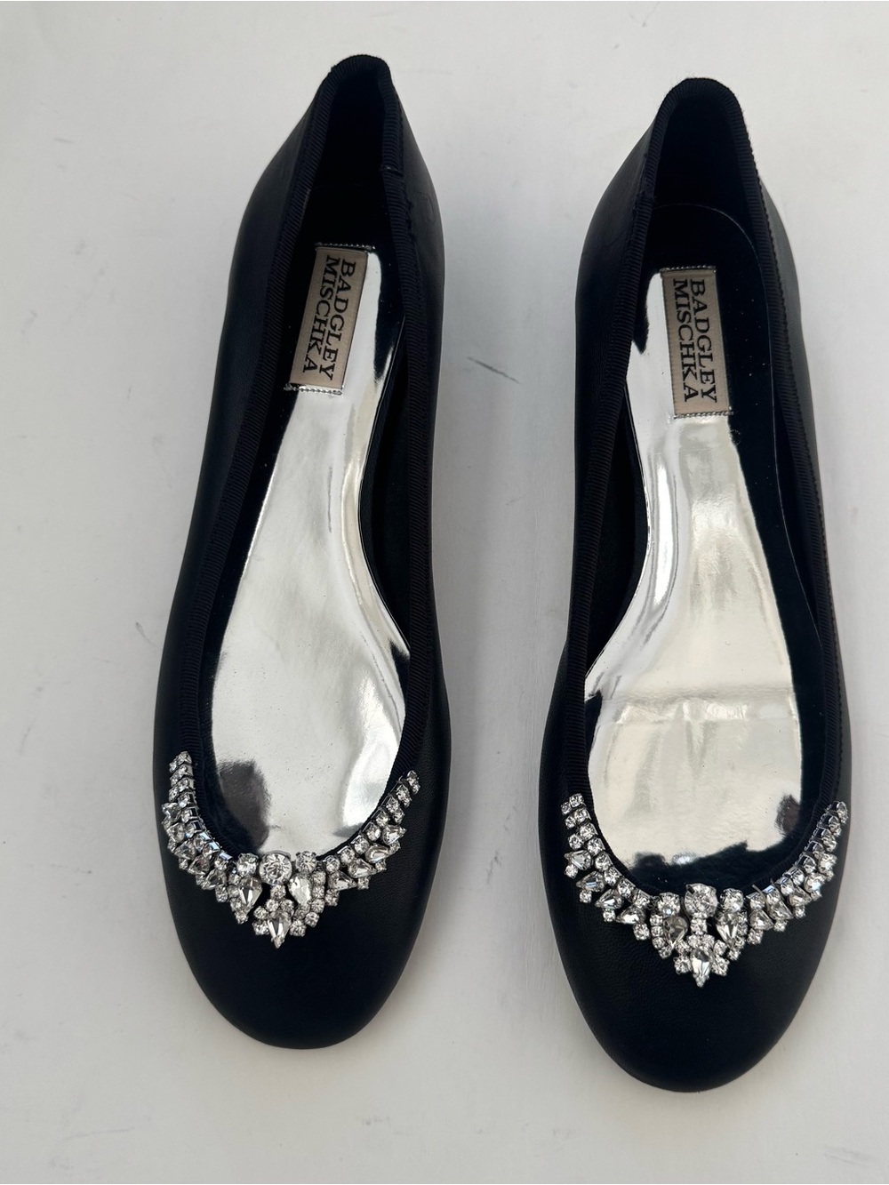 Badgley Mischka Black Crystal-Embellished Ballet Flats Rhinestones Women’s 8.5